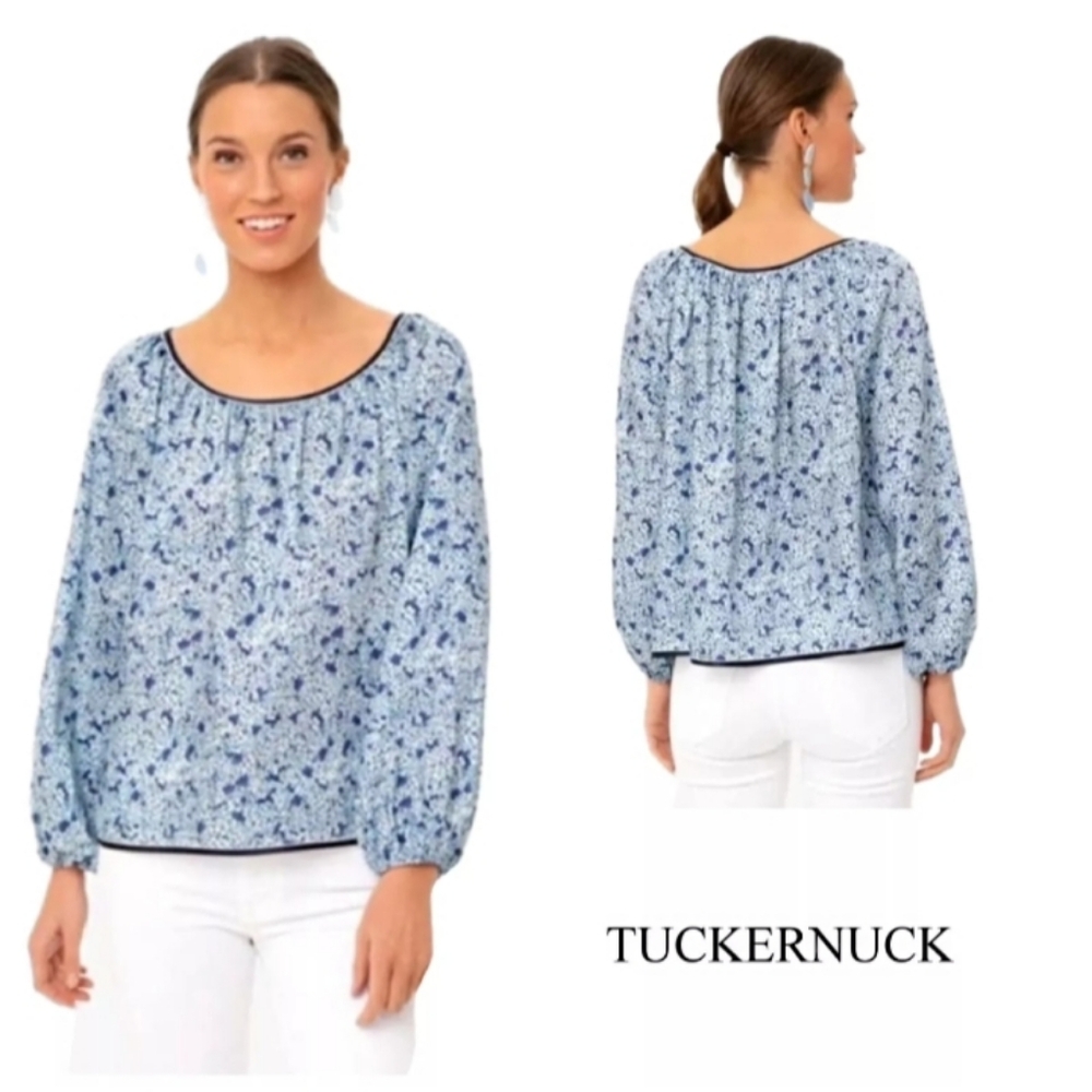 Tuckernuck Blue & White Hydrangea Floral Print Top Shirt Blouse M